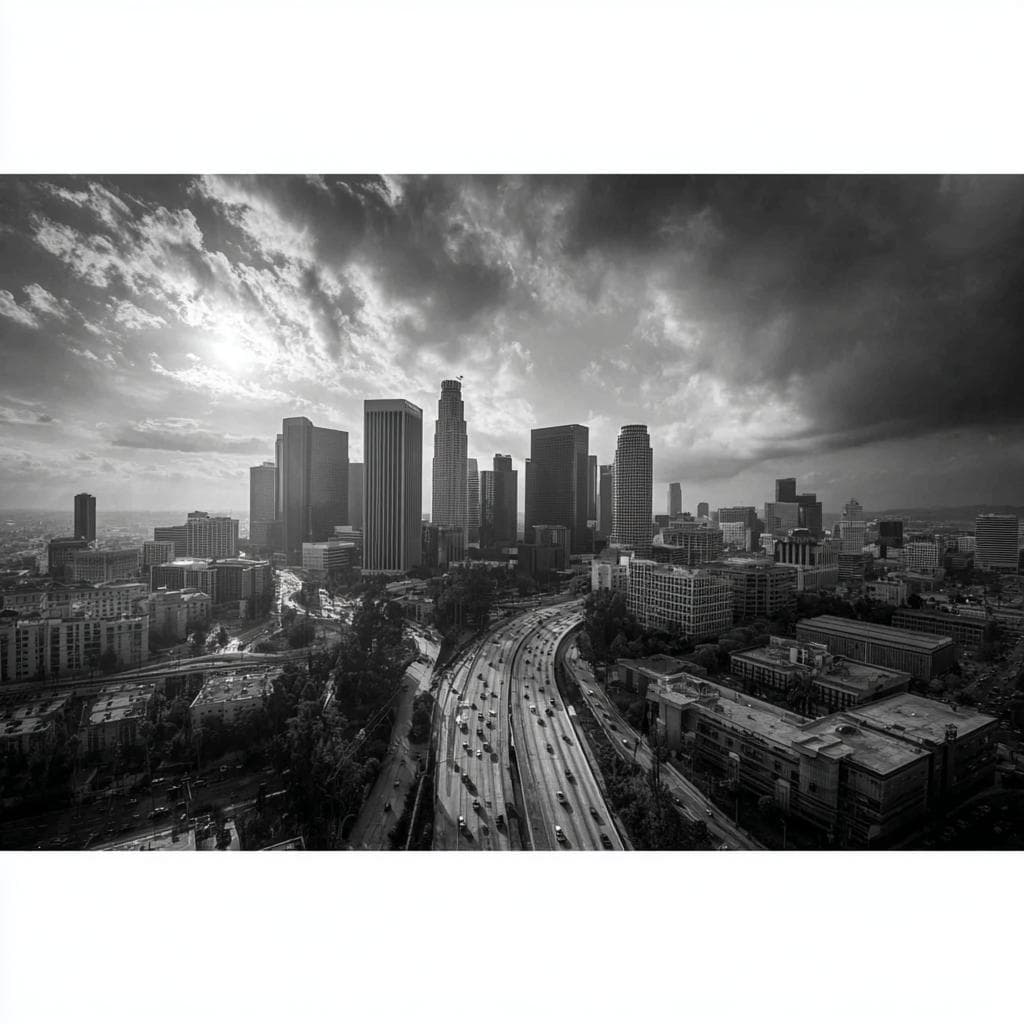 Black-and-white aerial view of downtown Los Angeles skyline and freeway.